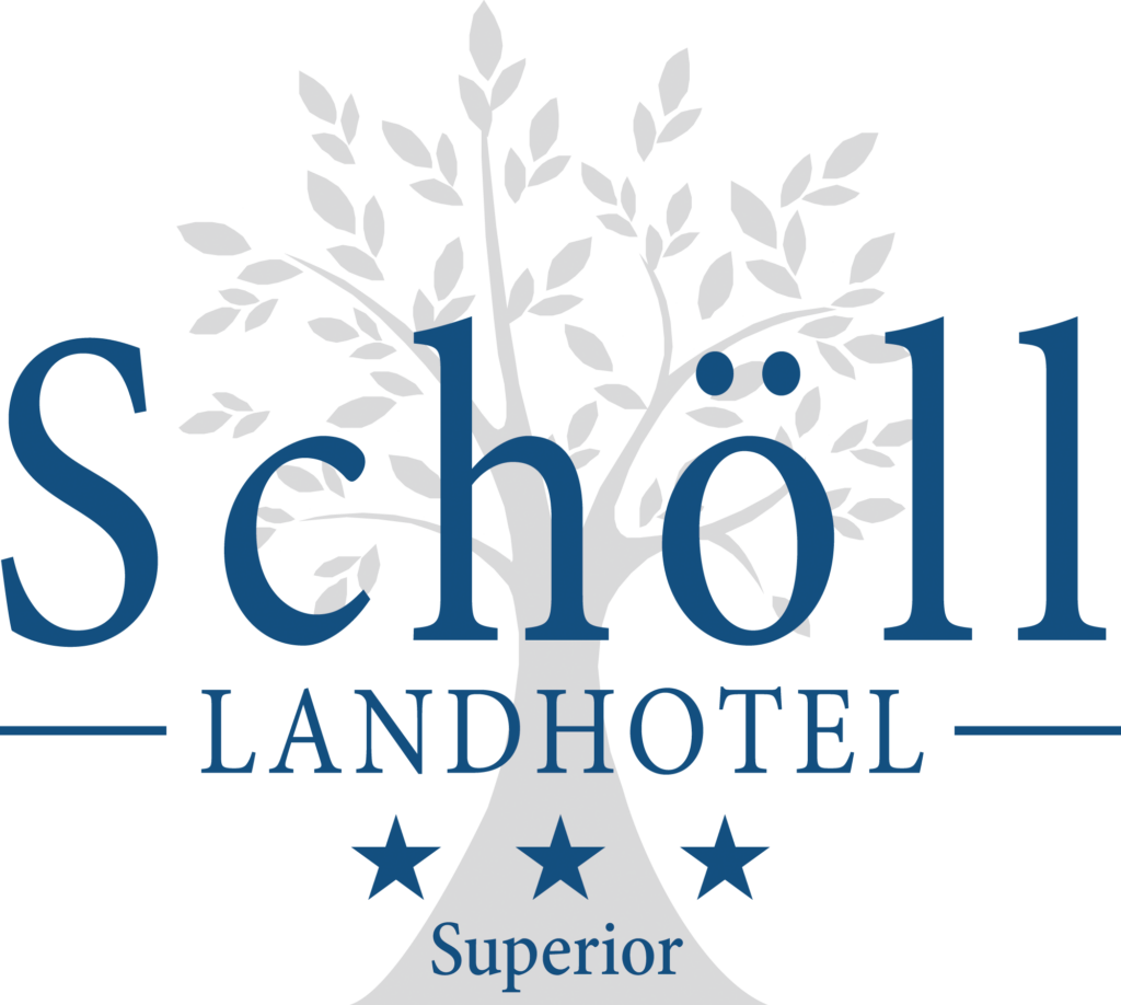 Das Logo des Landhotels Schöll mit einem stilisierten Baum und drei Sternen.