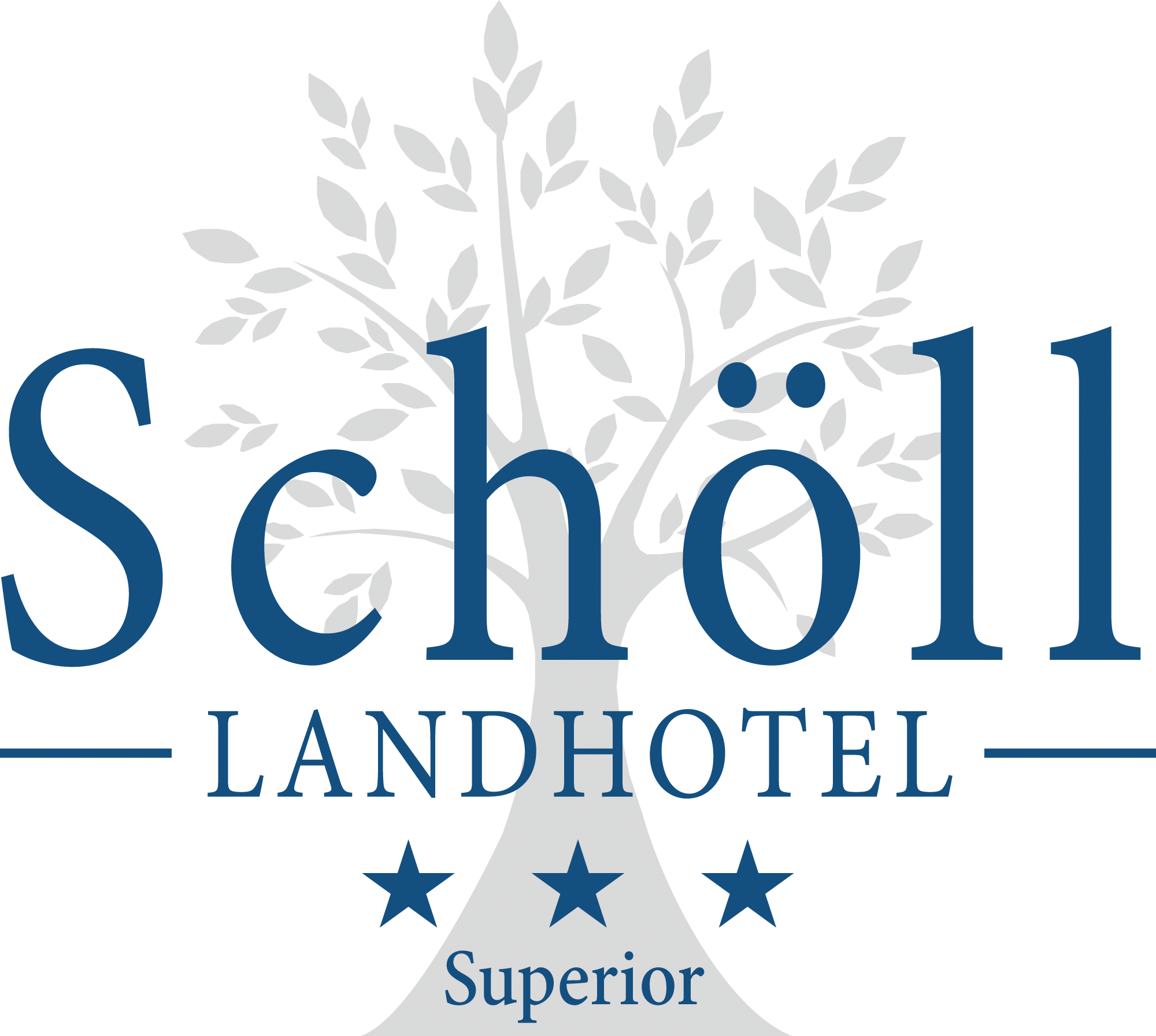 Das Logo des Landhotels Schöll mit einem stilisierten Baum und drei Sternen.